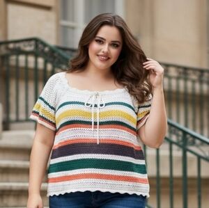 Torrid Crochet Knit Boho Blouse Cottagecore Striped Top Plus Size 2